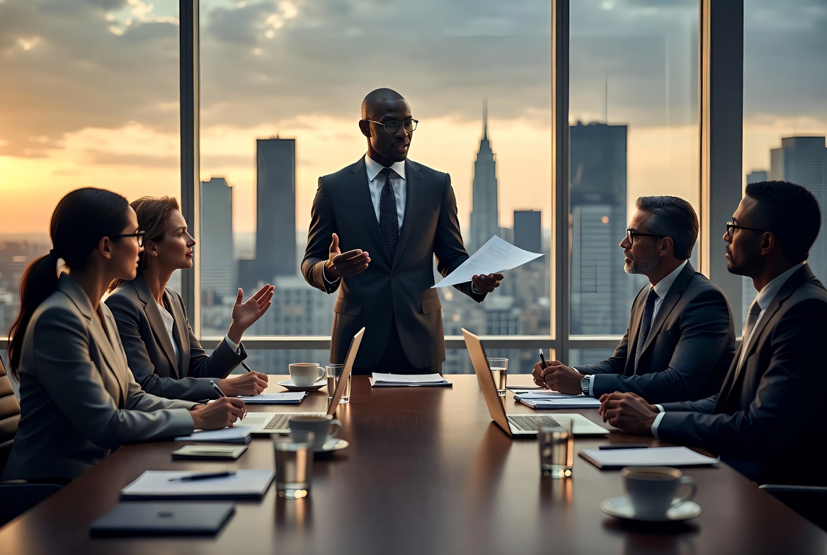 Legal team consulting around a boardroom table